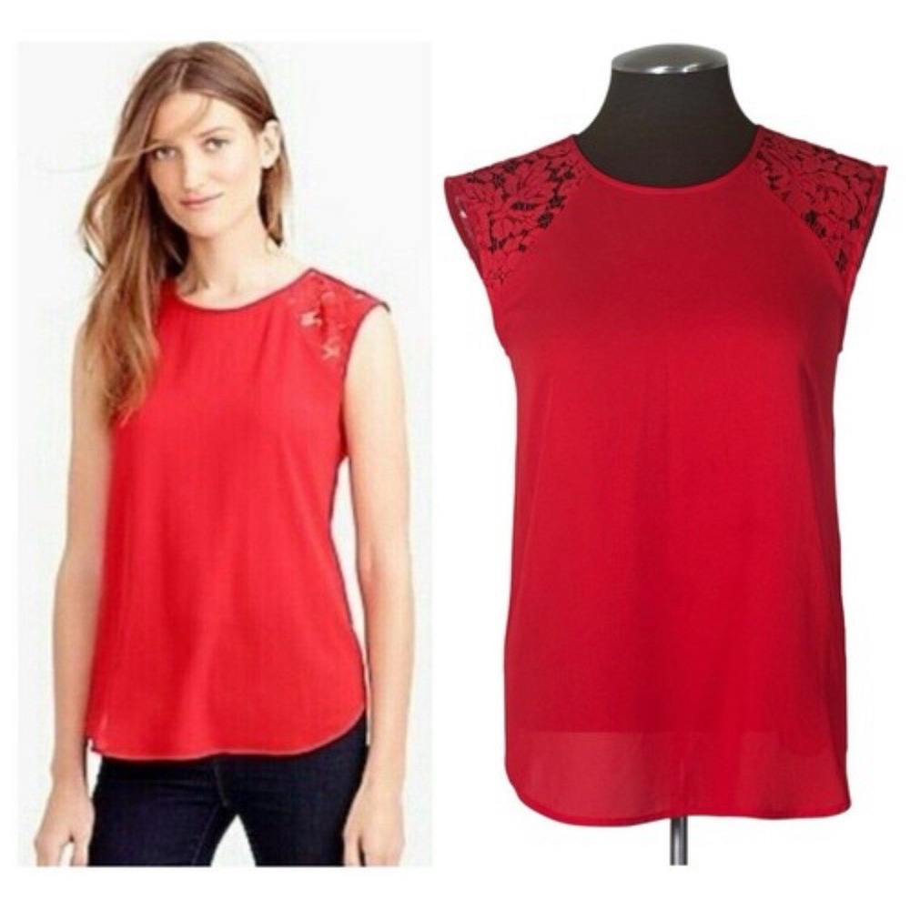 J Crew Women's Red Crew Neck Sleeveless Lace Detailed Blouse Size 12
